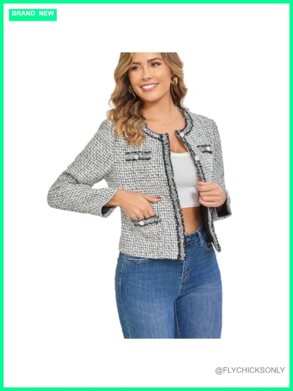 Cropped Tweed Blazer Long Sleeve Crewneck Open Front Lace Trim Lightweight - Picture 2 of 6